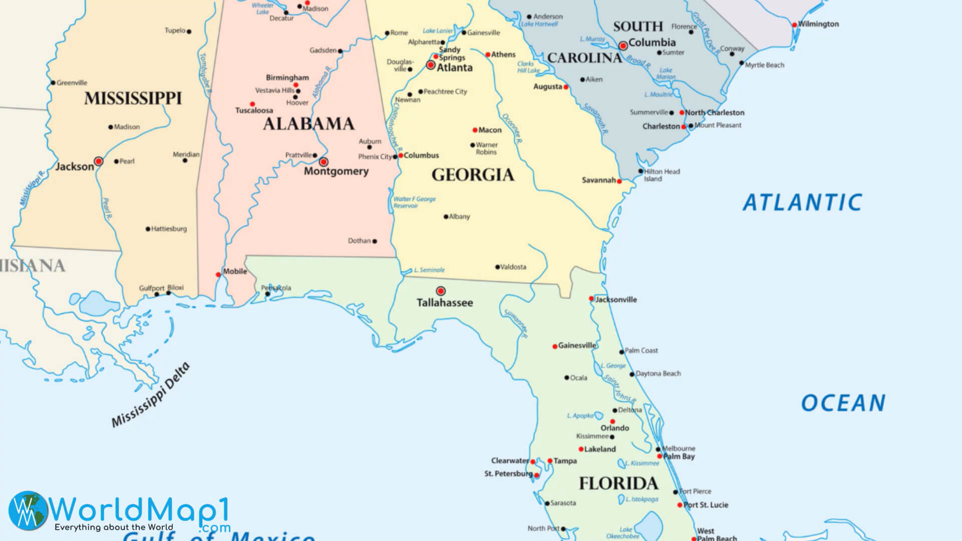 Florida Map with South East States of US